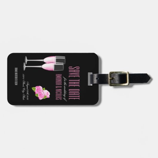 黒いフローラモダンエレガントな結婚式の日付を保存 ラゲッジタグ (正面横)