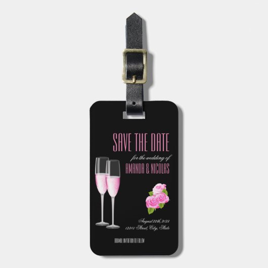 黒いフローラモダンエレガントな結婚式の日付を保存 ラゲッジタグ (正面縦)
