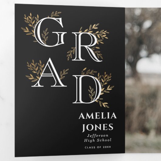 黒いフローラ卒業写真のお知らせ 三つ折り招待状 (内部最初)