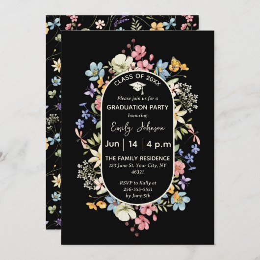 黒いフローラ1写真の卒業発表Invite 招待状 (正面/裏面)