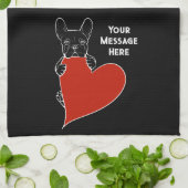 黒いブパーソナライズされたルフランスのドッグと赤いハート キッチンタオル (折り畳み)