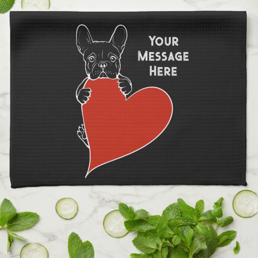 黒いブパーソナライズされたルフランスのドッグと赤いハート キッチンタオル (折り畳み)