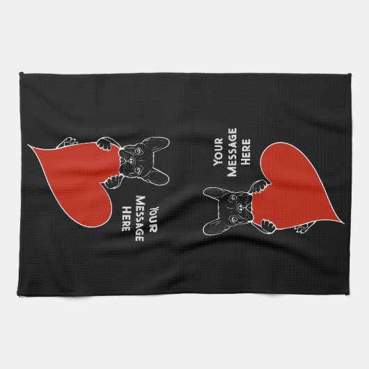 黒いブパーソナライズされたルフランスのドッグと赤いハート キッチンタオル (横)