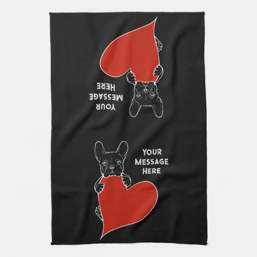 黒いブパーソナライズされたルフランスのドッグと赤いハート キッチンタオル (縦)