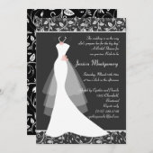 黒いブライダルシャワーの招待の白い婚礼衣裳 招待状 (正面/裏面)