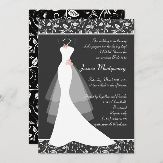 黒いブライダルシャワーの招待の白い婚礼衣裳 招待状 (正面/裏面)