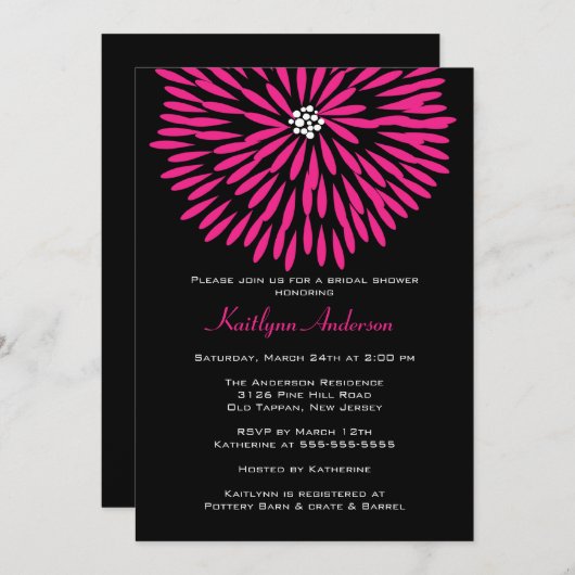 黒いブライダルシャワーの招待状のショッキングピンクの花 招待状 (正面/裏面)