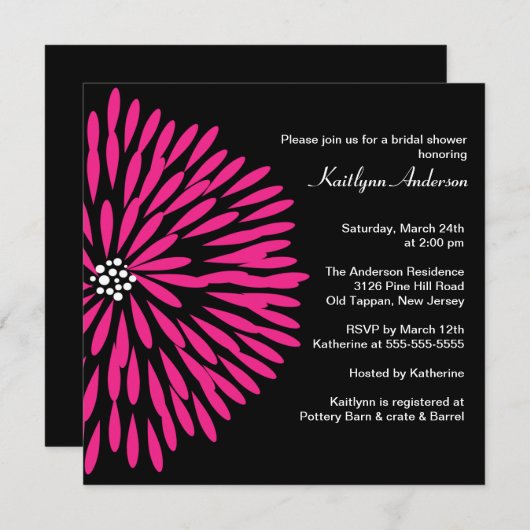 黒いブライダルシャワーの招待状のショッキングピンクの花 招待状 (正面/裏面)