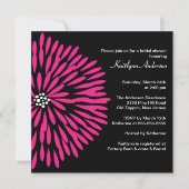 黒いブライダルシャワーの招待状のショッキングピンクの花 招待状 (正面)