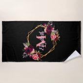 黒いブルゴーニュの花モノグラム名geometric ビーチタオル (正面)