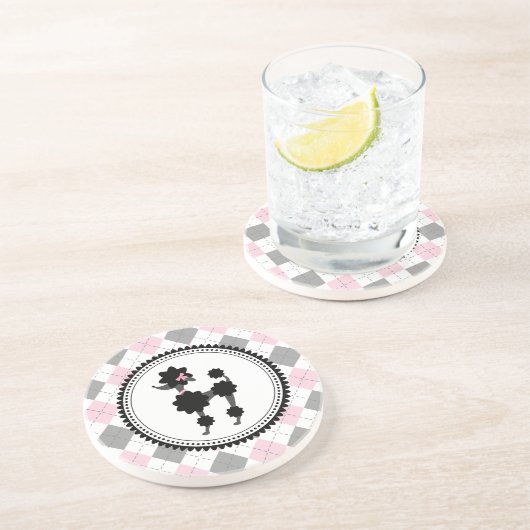 黒いプードル/ピンクおよび灰色のアーガイル コースター (側面)