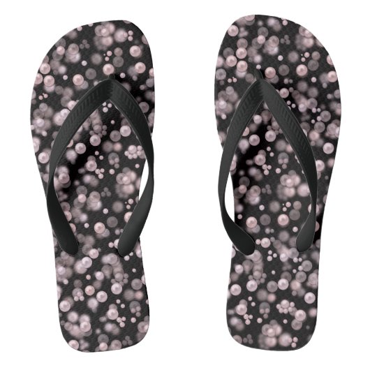 黒いベルフにピンクと白の真珠の散乱 ビーチサンダル (フットベッド)