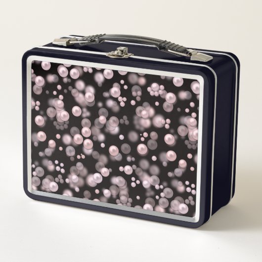 黒いベルフにピンクと白の真珠の散乱 メタルランチボックス (正面)