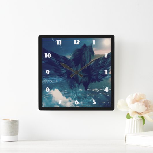 黒いペガサスが海から現れる スクエア壁時計 (ホーム)