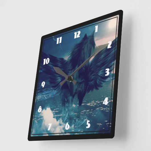 黒いペガサスが海から現れる スクエア壁時計 (傾斜)