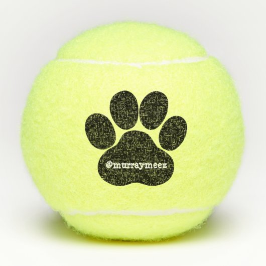 黒いペット足のプリントおよびInstagramのハンドルの名前のおもちゃ テニスボール (正面)