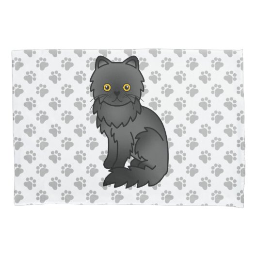 黒いペルシャ猫のかわいいキャラクターイラストと肉球 枕カバー (正面)