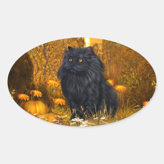 黒いペルシャ猫ハロウィーン 楕円形シール (正面)