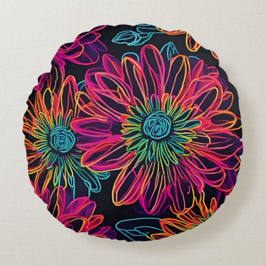 黒いホットピンクの花 ラウンドクッション (正面)