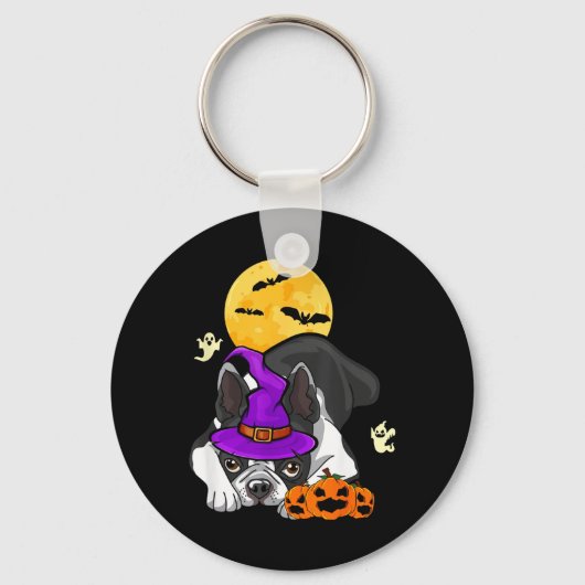 黒いボストンテリアの魔女のハロウィンコスチューム犬 キーホルダー (正面)