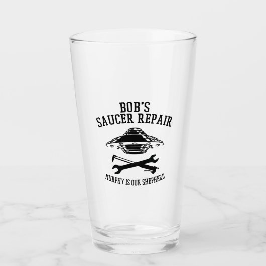 黒いボブのソーサー修理ロゴ付きガラス製タンブラー タンブラーグラス (正面)