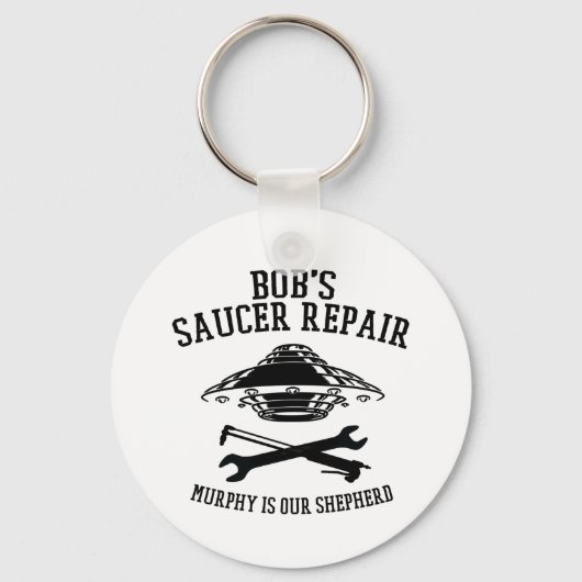 黒いボブのソーサー修理ロゴ付きキーチェーン キーホルダー (正面)