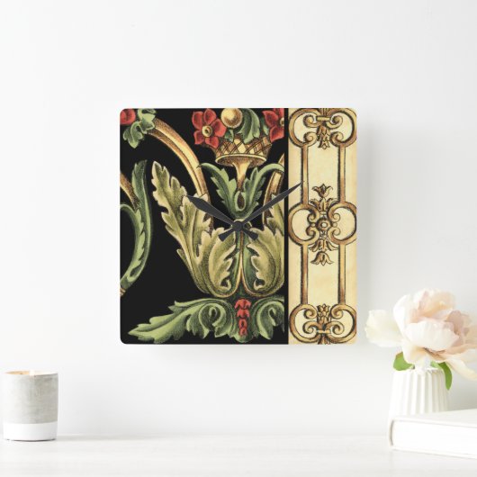 黒いボーダーとの装飾用の花柄 スクエア壁時計 (ホーム)
