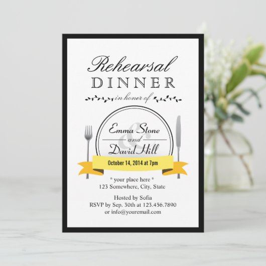 黒いボーダー結婚式のリハーサルの夕食の招待状 招待状 (スタンド正面)