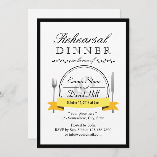 黒いボーダー結婚式のリハーサルの夕食の招待状 招待状 (正面/裏面)