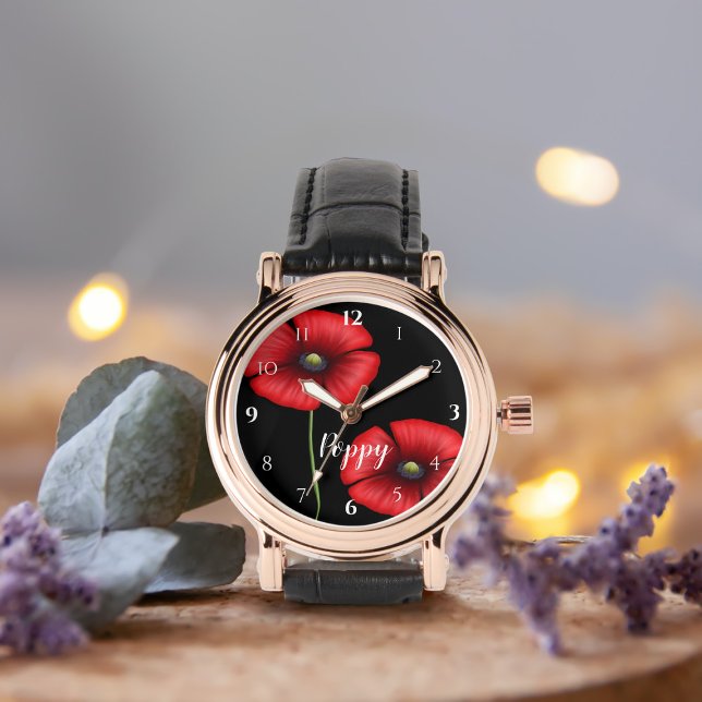 黒いポピーの赤いパーソナライズされた花 腕時計 (Add your  name to this pretty poppy watch)