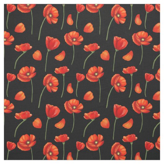 黒いポピー模様 ファブリック (見本)