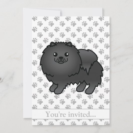 黒いポメラニアンの可愛いキャラクター 犬の誕生日パーティー 招待状 (正面)
