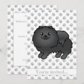 黒いポメラニアンの可愛いキャラクター 犬の誕生日パーティー 招待状 (正面/裏面)