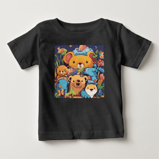 黒いマンガの動物Tシャツ – クマ、マウス ベビーTシャツ (正面)