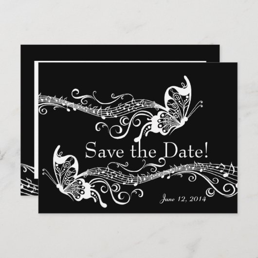 黒いミュージカル蝶の日付を保存 案内ポストカード (正面/裏面)