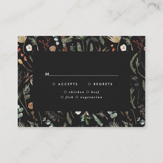 黒いムーディフローラの植物的なエレガントな結婚式の返信 エンクロージャーカード (裏面)