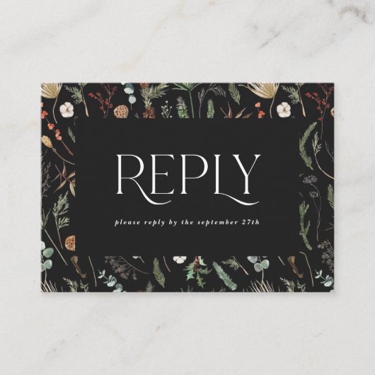 黒いムーディフローラの植物的なエレガントな結婚式の返信 エンクロージャーカード (正面)