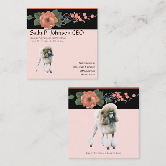 黒いメロンの花柄のプードル スクエア名刺 (正面/裏面)