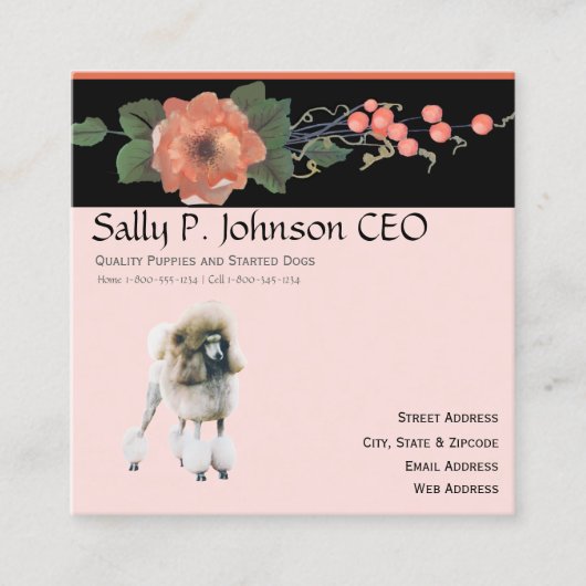 黒いメロンの花柄のプードル スクエア名刺 (正面)