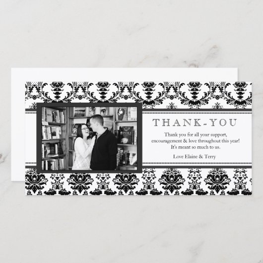 黒いモダンなダマスク織及び白は写真カード感謝していしています サンキューカード (正面/裏面)