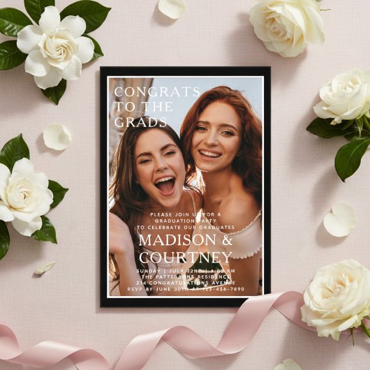 黒いモダンギンガム写真卒業パーティー アクリル招待状