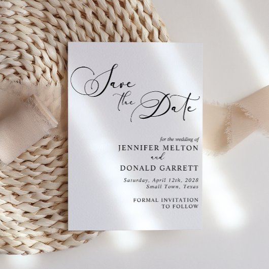 黒いモダンシンプルスクリプト結婚式の日付を保存 案内ポストカード