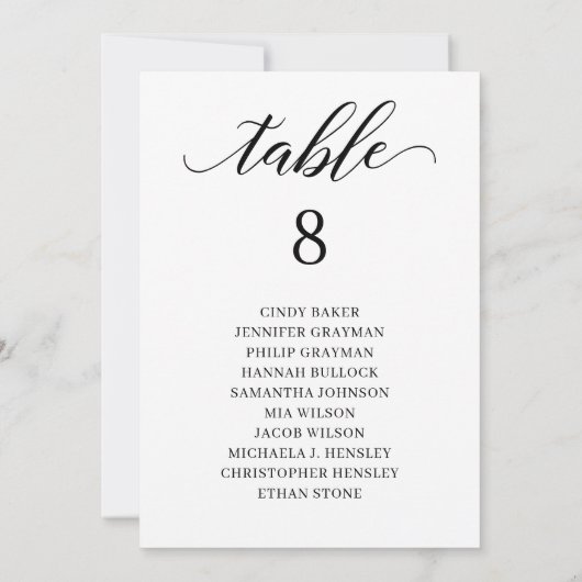 黒いモダンスクリプトのテーブル番号のシーティンググラフ 招待状 (裏面)