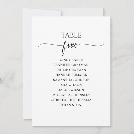 黒いモダンスクリプトテーブル番号5座席表 招待状 (正面)