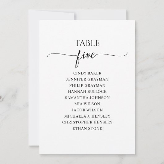 黒いモダンスクリプトテーブル番号5座席表 招待状 (裏面)