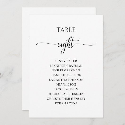 黒いモダンスクリプトテーブル番号8シーティンググラフ 招待状 (正面/裏面)