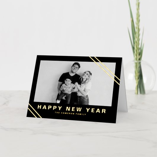 黒いモダンストライプ写真新年おめでとう 箔シーズンカード (正面)