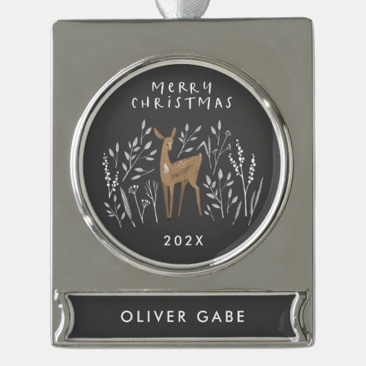 黒いモダントナカイの植物性エレガント繊細 シルバープレートバナーオーナメント (正面)