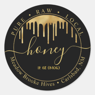 黒いモダンハニーラベルのドリップ付き金ゴールド ラウンドシール