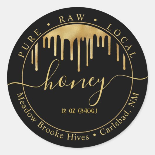黒いモダンハニーラベルのドリップ付き金ゴールド ラウンドシール (正面)